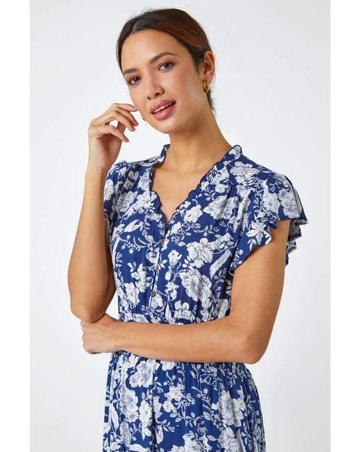 Roman Blue Floral Print Frill Detail Midi Dress