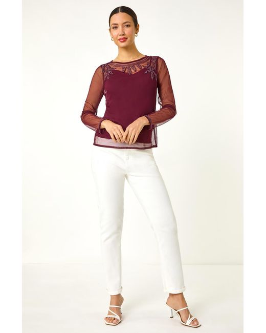 Roman Red Embellished Sequin Mesh Top