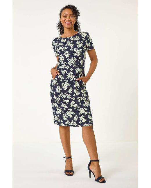 Roman Petite Blue Floral Print Pocket Stretch Dress