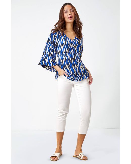 Roman Blue Abstract Print V-Neck Ruched Tunic Top