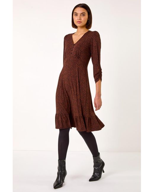 Roman Brown Disty Animal Print Tea Dress