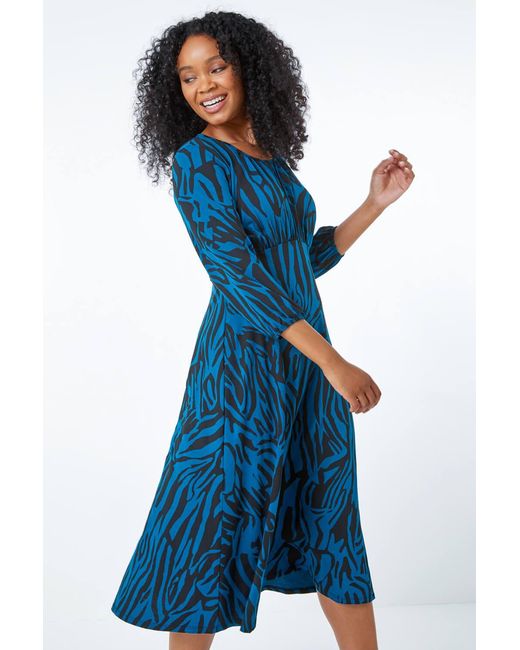 Roman Petite Blue Zebra Print Stretch Midi Dress