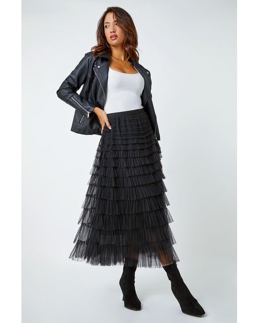 Roman Black Elasticated Mesh Tiered Ruffle Skirt