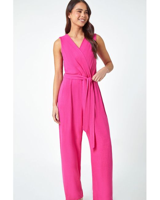 Roman Pink Petite Plain Stretch Wrap Jumpsuit