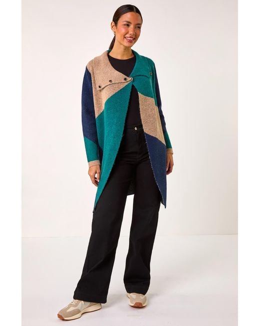 Roman Blue Colour Block Button Collar Knit Cardigan