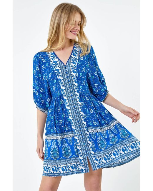 Roman Blue Paisley Floral Border Print Dress