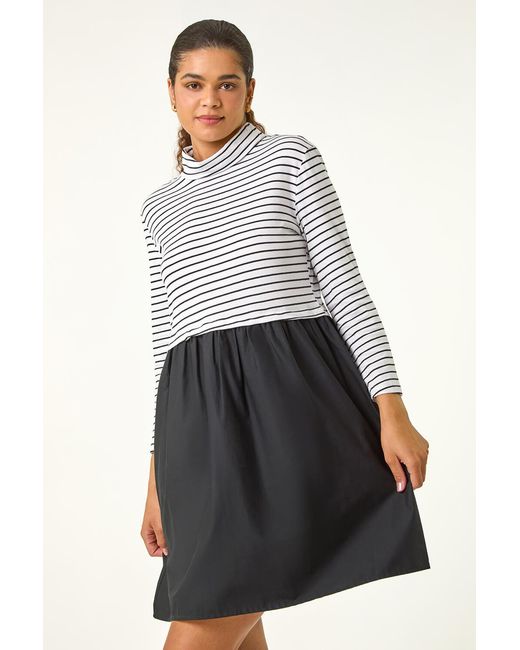 Roman Black Stripe Print High Neck Smock Dress