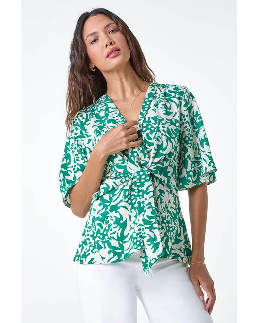 Lilly-and-Hope Blue Floral Print V-Neck Wrap Tie Top
