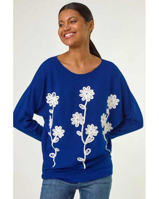 Roman Blue Floral Embroidery Knit Jumper
