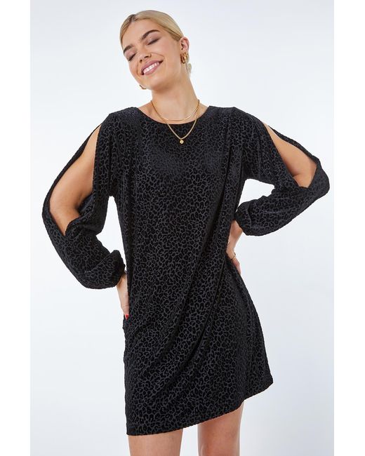 D.u.s.k Black Leopard Print Burnout Split Sleeve Wrap Dress