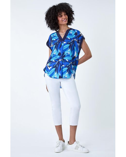 Roman Blue Abstract Floral Print Contrast Trim Top