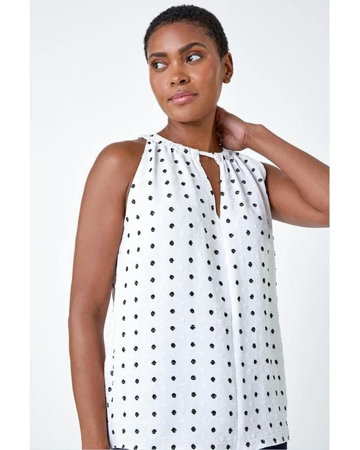 Roman White Embroidered Spot Print Halterneck Top