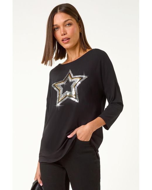 Roman Blue Embellished Sequin Star Stretch Top