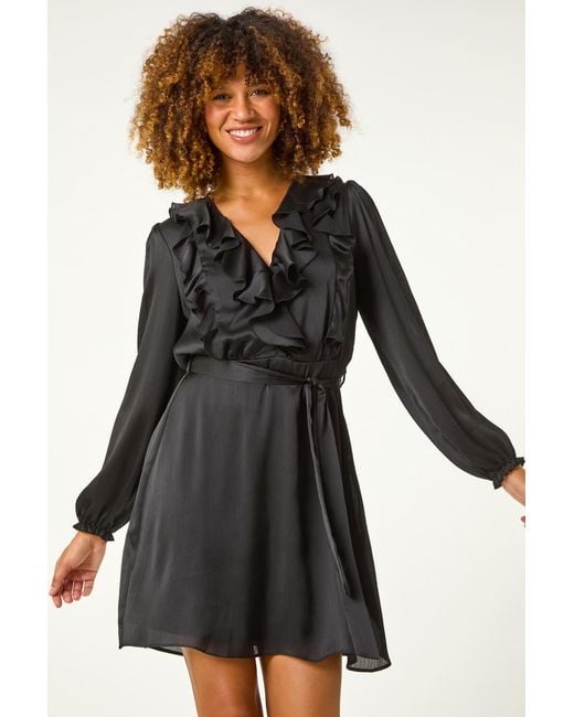 Roman Black Satin V-Neck Ruffle Dress