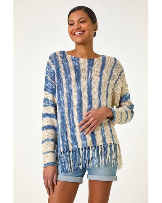 Roman Blue Textured Fringe Hem Knit Jumper