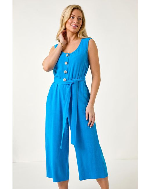 Roman Petite Blue Button Front Jumpsuit