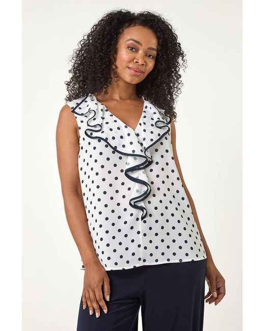 Roman Petite White Contrast Spot Print Frill Top