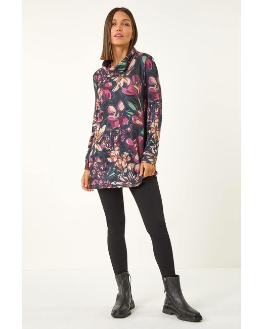 Roman Red Floral Printed Roll Neck Top