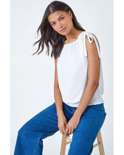 Roman Blue Bow Detail Shirred Hem Top