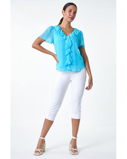 Roman Blue Crinkle Textured Frill Detail Top