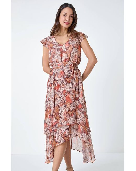 Roman Multicolor Snake Print Asymmetric Tiered Midi Dress