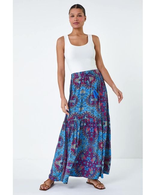 Lilly-and-Hope Blue Elastic Waist Paisley A Line Maxi Skirt