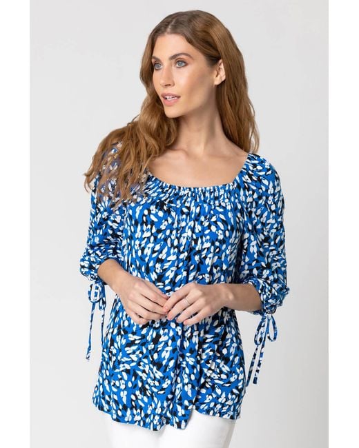 Roman Blue Abstract Spot Print Square Neck Top