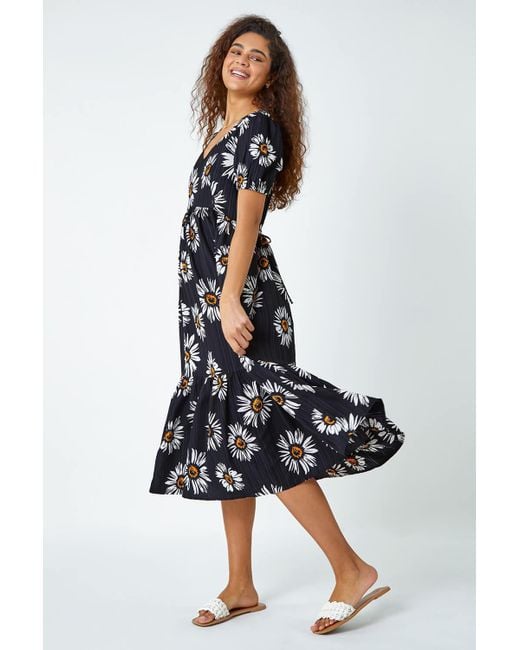 Roman Black Daisy Frill Hem Midi Dress