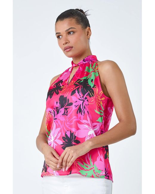 Roman Pink Floral High Neck Keyhole Detail Top