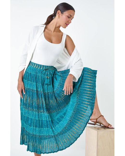Roman Blue Crinkle Cotton Metallic Foil A Line Midi Skirt
