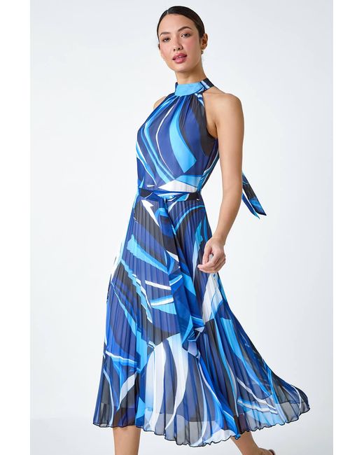 Roman Blue Abstract Print Pleated Chiffon Midi Dress