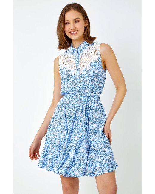 Roman Blue Sleeveless Lace Trim Floral Shirt Dress