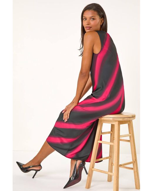 Roman Black Stripe Print Satin Twist Strap Midi Dress