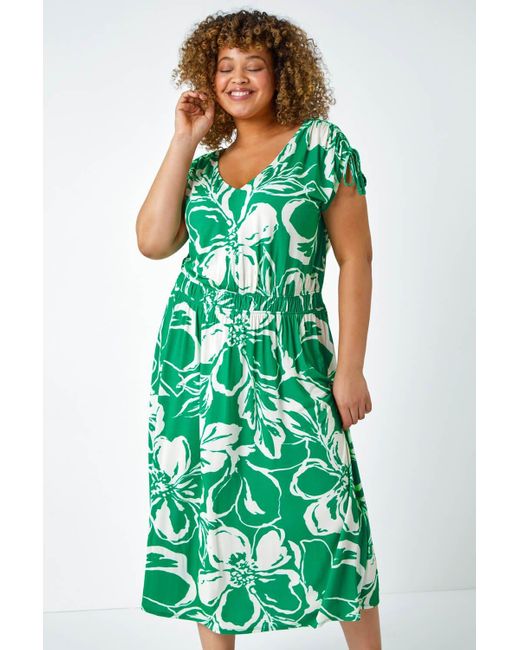 Roman Green Originals Curve Floral Print Ruched Stretch Midi Dress