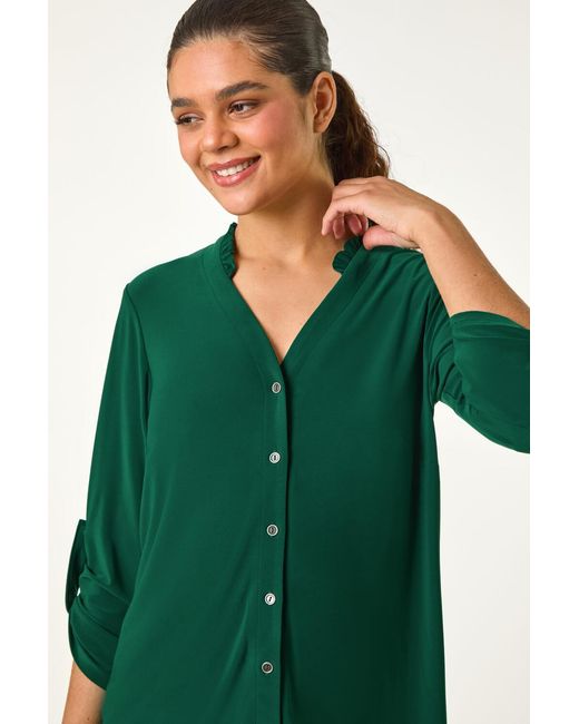 Roman Green Button Through V-Neck Stretch Blouse