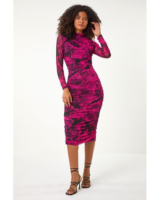 D.u.s.k Red Abstract Print Ruched Midi Dress