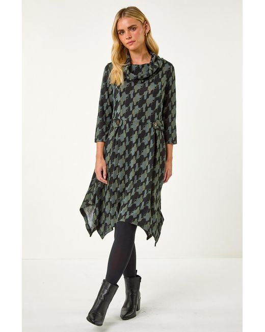 Roman Petite Green Abstract Print Hanky Hem Stretch Dress