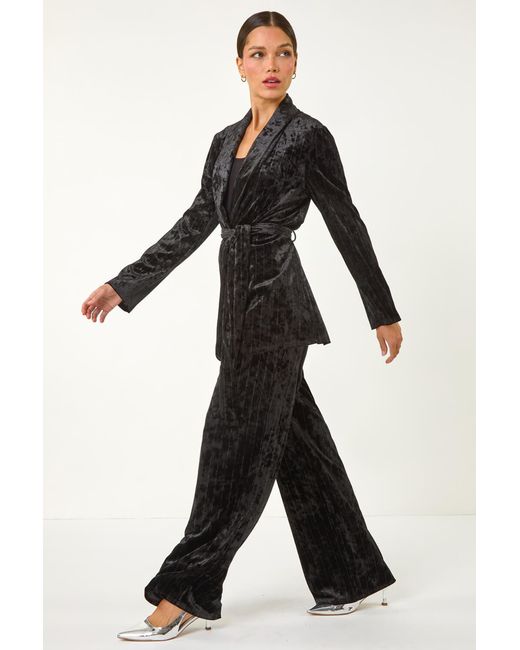 Roman Black Velvet Stripe Wide Leg Stretch Trouser