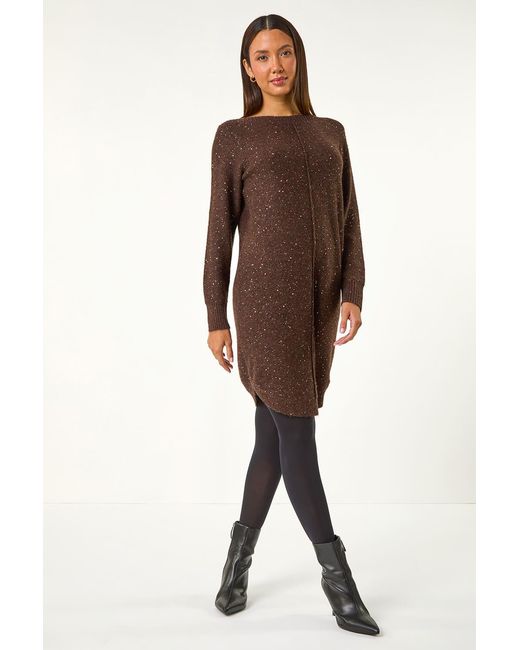 Roman Brown Sequin Embellished Stretch Jumper Dress