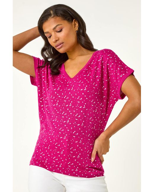 Roman Pink Foil Print V-Neck Knitted Top