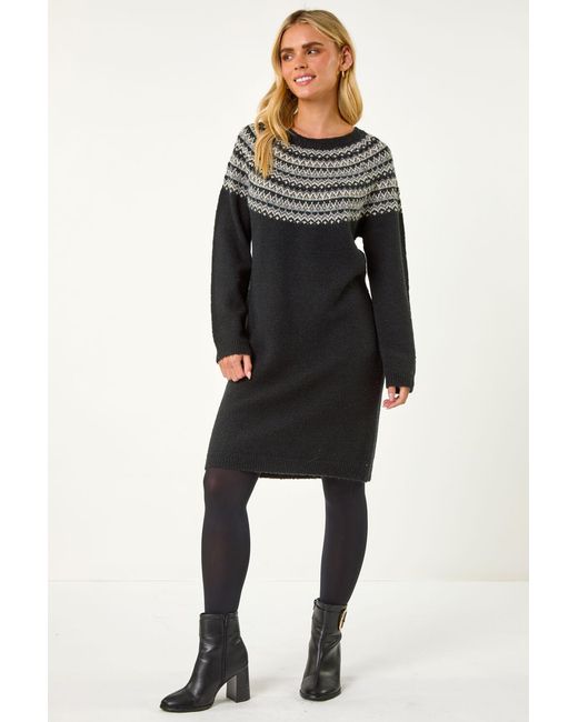 Roman Petite Black Fairisle Knit Jumper Dress
