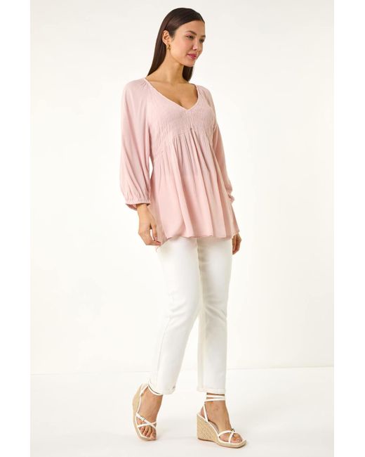 Roman Pink Shirred V-Neck Raglan Top