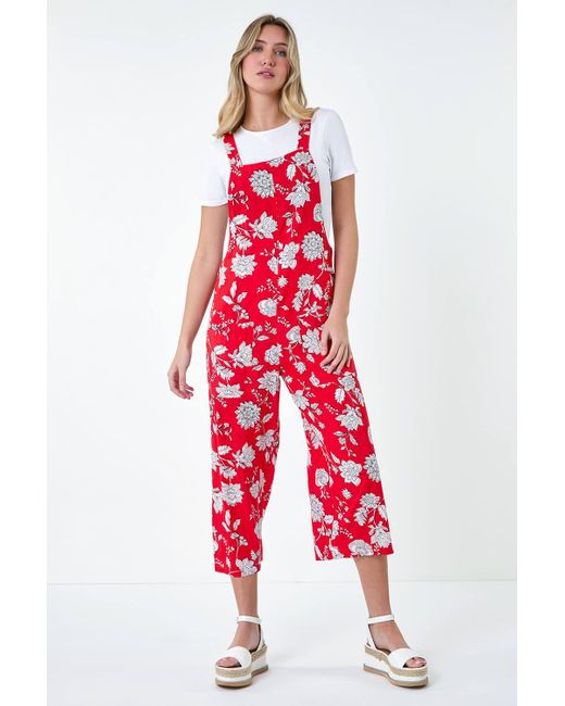 Roman Red Dusk Fashion Floral Print Pocket Jumpsuit