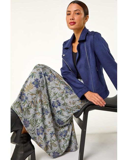 Roman Blue Abstract Floral Print Stretch Midi Skirt
