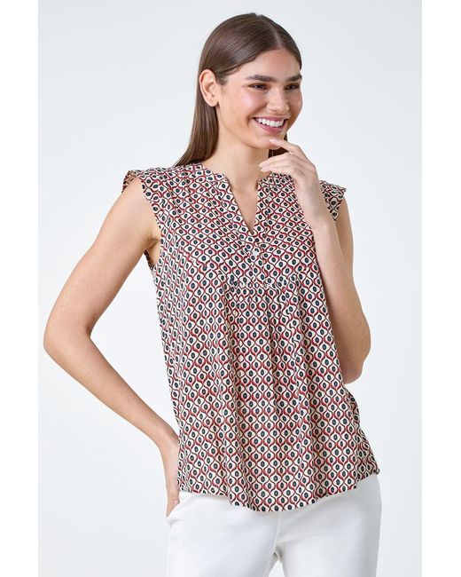 Roman White Geometric Print Frill Blouse