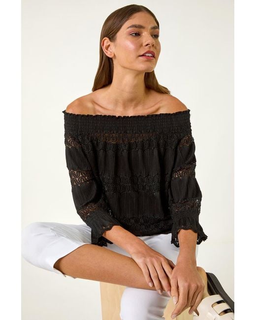 Roman Black Lace Insert Frill Bardot Top