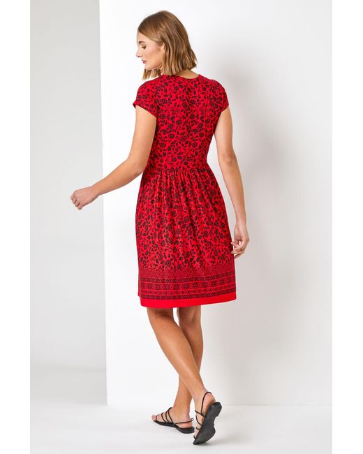 Roman Red Floral Border Print Fit & Flare Dress