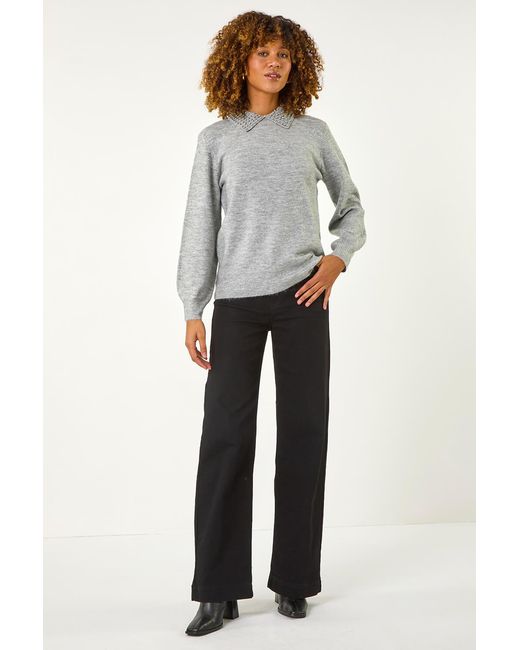 Roman Gray Faux Pearl Collar Jumper