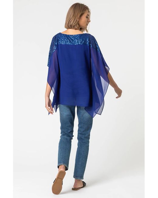 Roman Blue Sequin Embellished Chiffon Overlay Top