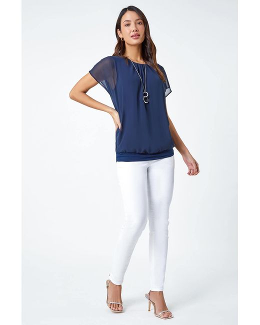 Roman Blue Chiffon Jersey Blouson Top With Necklace